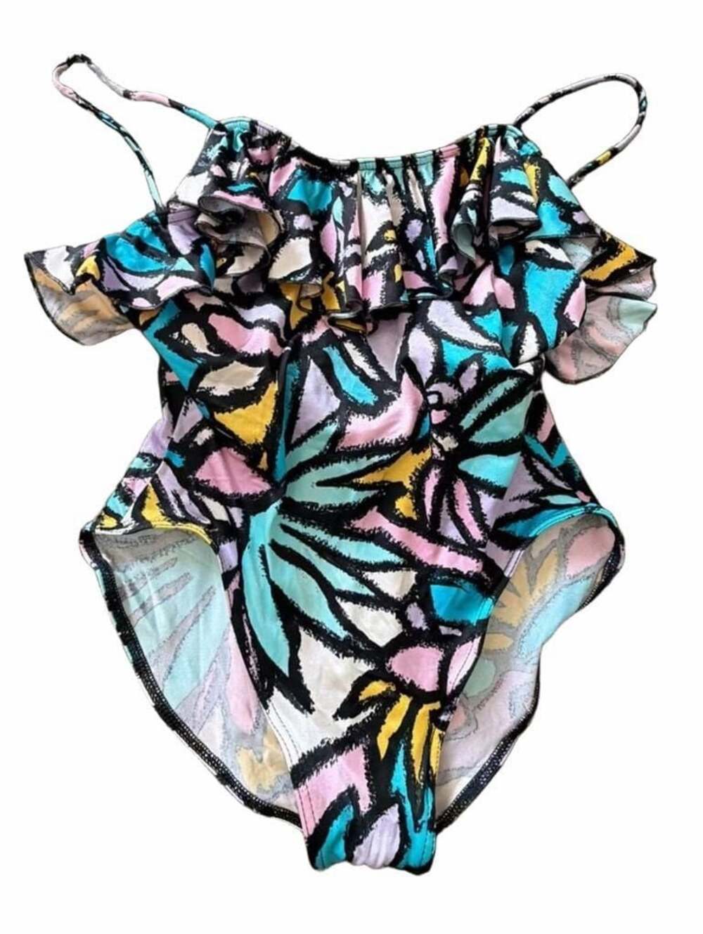 Vintage Gantner of California Abstract Print Ruffle One-Piece Swimsuit